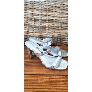 Katy Perry Silver Strappy Block Heel Sandals Mirror Detail Size 6.5